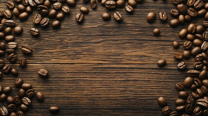 Coffee beans scattered across a vintage wooden table with natural light