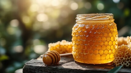 Wall Mural - A glass jar of honey with honeycomb and a honey dipper on a wooden surface, with a blurred green background.