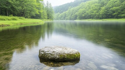 Sticker - Hidden Rock Formation Surrounded by Lush Greenery and Gentle Streaming Water