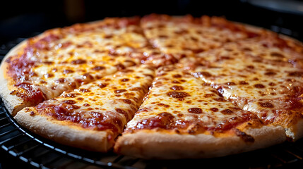 Wall Mural - Close-up of a freshly baked cheese pizza with melted cheese and tomato sauce.