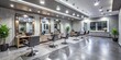 © Danicha - Modern salon interior with sleek grey floors, minimalist decor, and sleek equipment, inviting customers to relax and