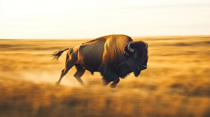 Canvas Print - Bison Running Through Golden Grassland