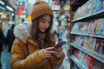 Poster - a shopper comparing discounts between different stores on their phone. concept of price comparison a
