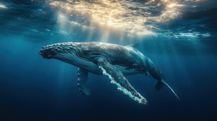 A humpback whale swims through the ocean water with sunlight shining through the surface.