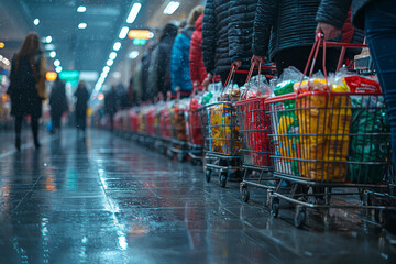 Poster - a line of customers waiting to check out, each with multiple items in their carts. concept of long q