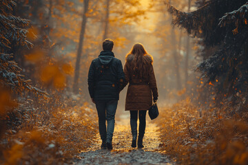 Sticker - A husband and wife walking together along a secluded trail, sharing a peaceful moment. Concept of nature and mutual support.