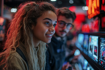 Poster - a group of friends excitedly examining discounted electronics at a busy store. concept of technology