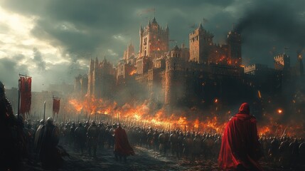 A large army marches towards a burning castle, with a cloaked figure in the foreground, under a dramatic stormy sky.