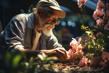 Canvas Print - A gardener tending to flowers, their mind focused and present. Concept of gardening as a form of mindfulness. Generative Ai.