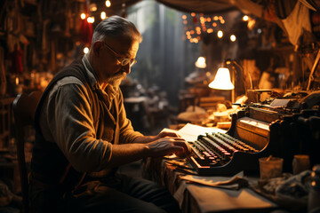 Poster - A writer typing on an old typewriter in a cozy attic, the scene evoking nostalgia and focus. Concept of literary creativity and introspection. Generative Ai.