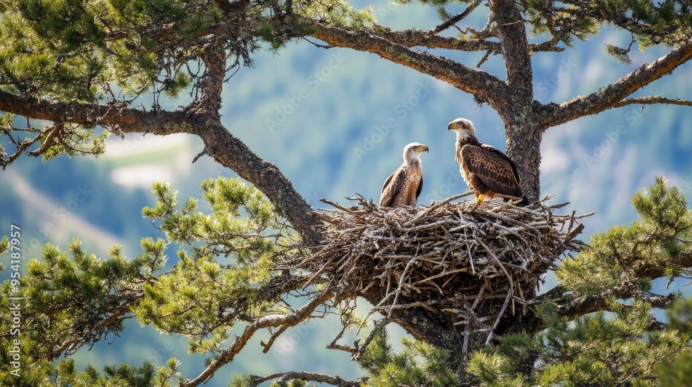 Eagle nest high in a tree, with young eaglets visible, showcasing the ...