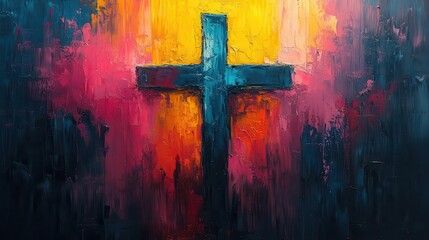 abstract expressionist painting of a cross bold brushstrokes in vibrant colors textured canvas emotive and spiritual atmosphere contemporary religious art