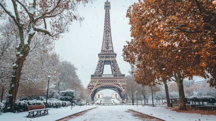 The Eiffel Tower in winter, with snow gently covering its structure and the surrounding park