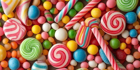 a bright collection of lollipops, candy canes, and various colorful candies scattered together close