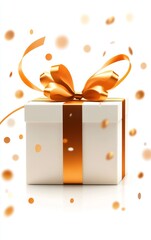 A beautifully wrapped gift box with a shiny orange ribbon, surrounded by festive confetti, perfect for celebrations.