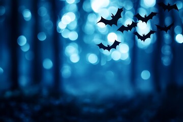 A mysterious forest scene with silhouettes of bats flying against a dreamy blue bokeh background, perfect for Halloween themes.