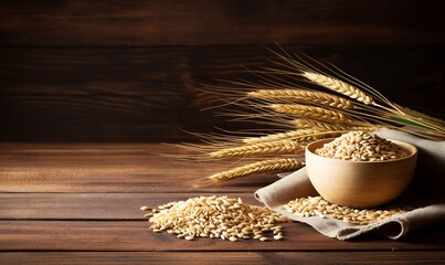 wheat in bowl and ears of wheat on a wooden background.