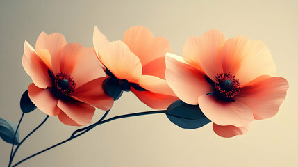 Canvas Print - Close-up of three delicate peach-colored flowers with deep red centers.