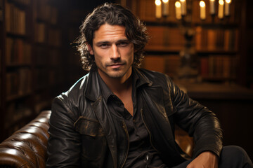 Poster - a man with jet-black locks reading in a cozy library, the contrast highlighting his features. concep