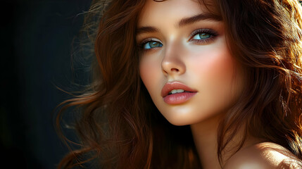 Poster - Close-up portrait of a beautiful young woman with long brown hair and blue eyes looking at the camera.