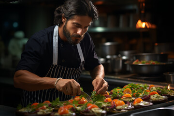 Poster - A chef with sleek, black hair expertly plating a gourmet dish in a high-end kitchen. Concept of culinary art and precision. Generative Ai.