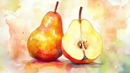 Artistic watercolor drawing painting of pear fruit and cut