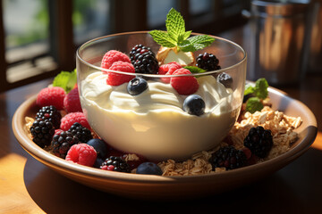 Sticker - A bowl of yogurt topped with granola and fresh fruit, a spoon ready for tiny hands. Concept of healthy snacks and balance. Generative Ai.