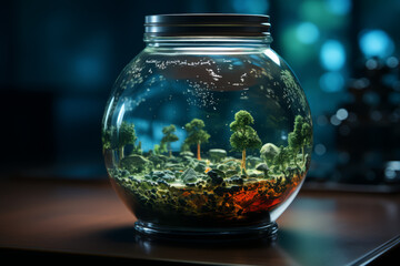 Poster - Earth encased in a glass jar filled with smoke. Concept of air pollution and containment. Generative Ai.