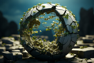 Wall Mural - A broken globe with a green vine weaving through the cracks. Concept of nature reclaiming space. Generative Ai.