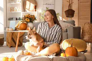 Wall Mural - Young woman with Corgi dog at home on Thanksgiving Day