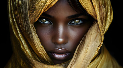 Wall Mural - Closeup portrait of a woman with dark skin and green eyes, wearing a gold scarf.