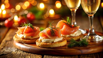 Delicious canapés topped with smoked salmon and dill served with champagne in a festive setting
