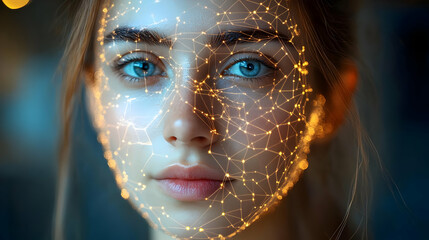 Sticker - Close-up portrait of a woman with glowing network lines on her face.