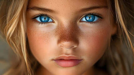 Wall Mural - Close-up portrait of a young girl with blue eyes and freckles.