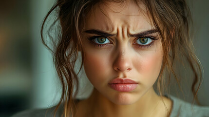 Poster - Closeup portrait of a young woman with a serious expression, looking directly at the camera.