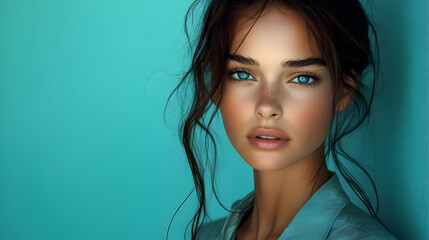 Wall Mural - Closeup portrait of a young woman with blue eyes and freckles against a turquoise background.