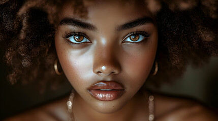 Wall Mural - Close-up portrait of a young woman with brown skin, looking directly at the camera, with brown eyes and brown hair.