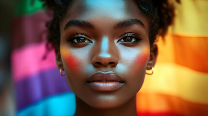 Poster - Close-up portrait of a young woman with colorful makeup looking at the camera.