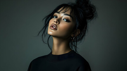 Poster - Closeup portrait of a young woman with dark hair and a black sweater.