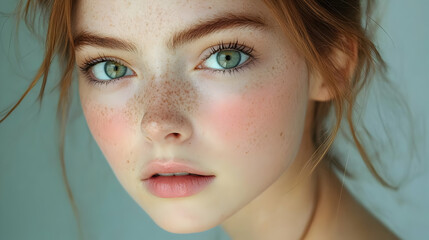 Poster - Close-up portrait of a young woman with freckles and rosy cheeks, looking at the camera.