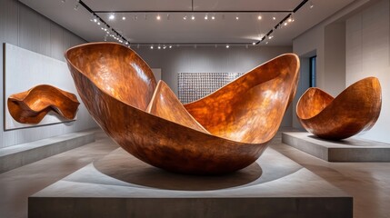 Abstract copper installation featuring sharp edges and curves, centered in a modern gallery. Soft spotlights emphasize its texture, giving it a futuristic, AI-generated look