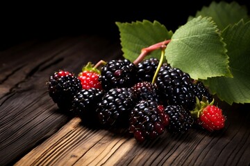 Dewberrys on wooden background. Fresh Dewberry fruits