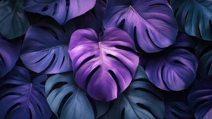 A vibrant, textured background made of tropical monstera leaves, shot in a dark, moody color scheme. The leaves are arranged in a repeating pattern, creating a sense of depth and dimension.