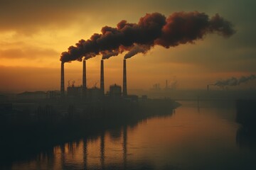 A view of a power plant with smoke rising from chimneys into a foggy sunset sky, reflecting in the river water.