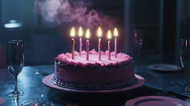 3D Rendering of birthday cake with candles in dark pastel theme concept of birthday party banner. Nice 3D Render illustration