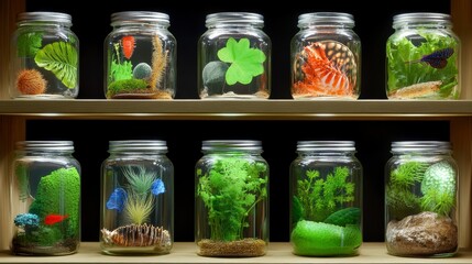 Nature in Jars, Diverse collection of plants and insects preserved in glass jars, Curiosity Display