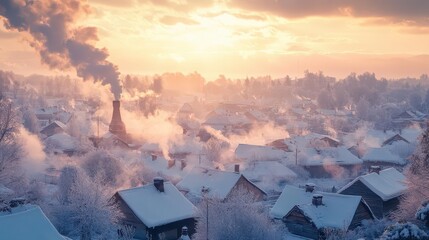 Wall Mural - Snow-covered rooftops in the village, with smoke rising from chimneys and soft light illuminating the snow-covered landscape, Serene, Cool Tones, Wide Angle