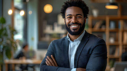 Canvas Print - Confident businessman with arms crossed in a modern office.