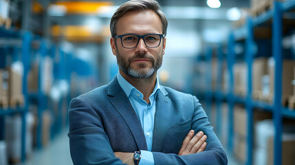 Poster - Confident businessman with arms crossed in a warehouse.