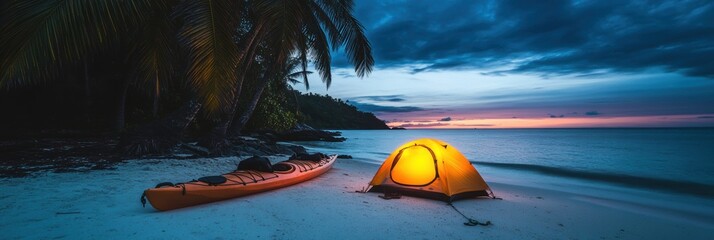 Poster - Kayak boat in tropical beach with tent coconut tree at dusk